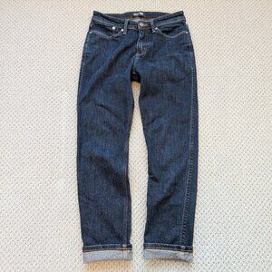 DUER L2X Tech Fleece Lined Performance Denim Fireside Slim Jeans 30x30 Dark Blue